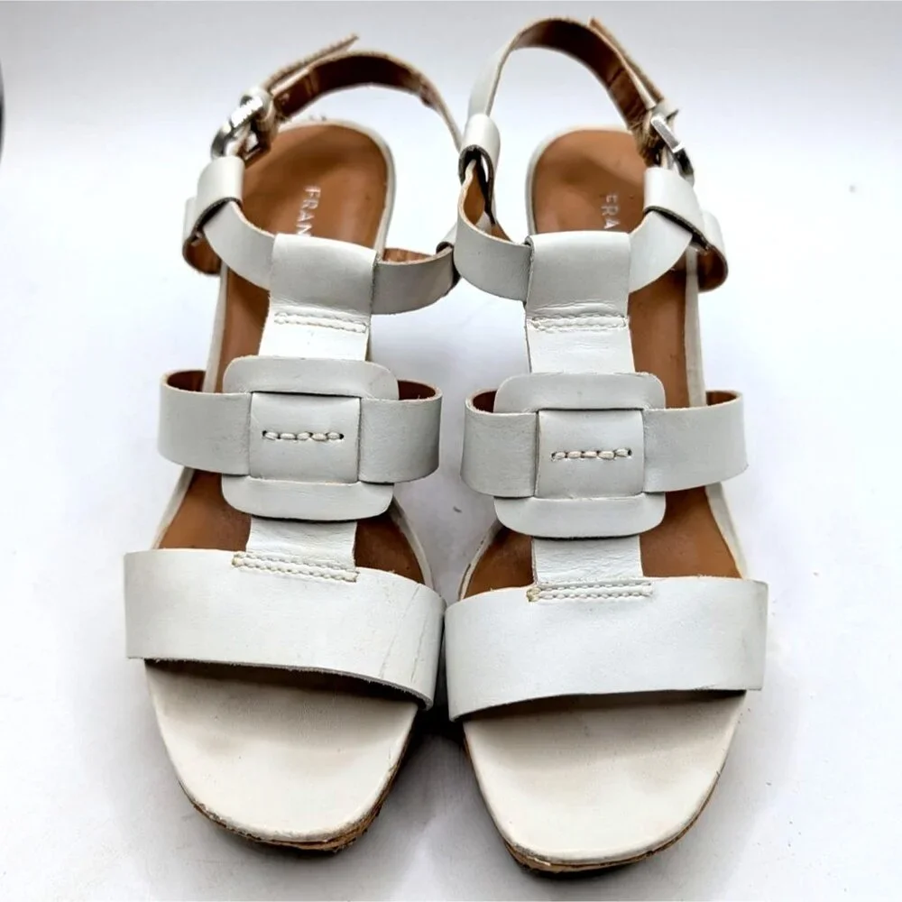 Franco Sarto White Leather Strappy Cork Wedge Sandals Size 7 With Adjustable Buc